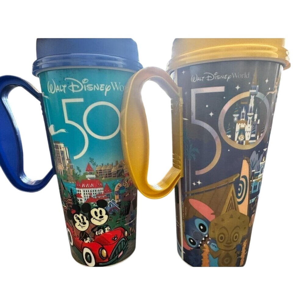 Walt Disney World 50th Anniversary Refillable Mug Set Mickey Stitch Travel Cup